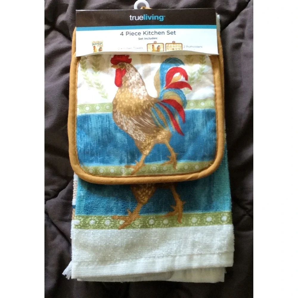 4 Piece Rooster Chicken‎ Pig Cow Set Kitchen Dish Hand Towel Pot Holder NEW